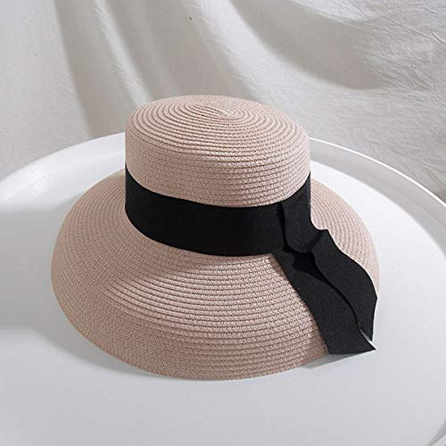 Chapeau Paille Femme Seioum Summer Beach Chapeau De Paille Femmes Chapeau De Plaisancier avec Ruban Cravate pour Vacances Vacances Audrey Hepburn Chapeau De Soleil-Rose
