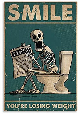 Lustiges Poster, Motiv: Smile You're Losing Weight WC, Skelett, Totenkopf, Zeitung, Retro-Poster, Leinwand, Wandkunstdruck, Vintage-Zitate, Poster, Geschenke, 30 x 45 cm