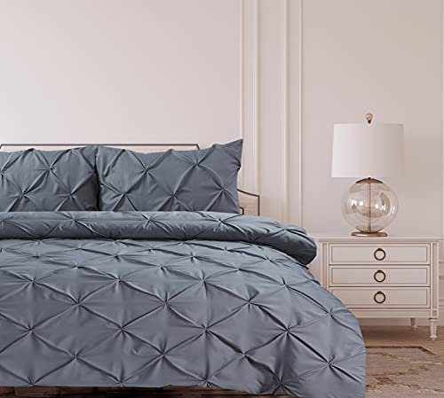 Bronwen Mathews Pintuck Grey Super King Size Duvet Set Pinch Pleat Soft Microfibre Quilt Cover with 2 Pillowcases, Easy Care Wrinkle Free SuperKing Bedding Set of 3 Pcs (Grey, S.King Duvet Cover Set)