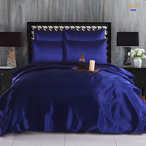 6PCS Satin Duvet Cover Bedding Set Plain Luxury Soft Bed Set Include (1xDuvet Cover, 1xFitted Sheet, 4xHousewife Pillow Case) (Super King, Navy Blue)-(Same Day Dispatch)