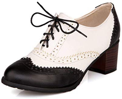 YYCHER Damen Vintage Leder Oxfords Brogue Budapester Schnürschuh Chunky High Heel Schuhe Kleid Pumps (Farbe: Schwarz, Größe: 39)