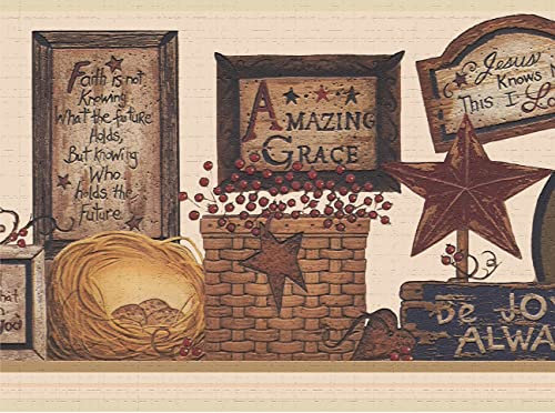 Dundee Deco DDAZBD9172 Peel and Stick Wallpaper Border - Country Brown Maroon Signs Wall Border Retro Design, 15 ft x 7 in (4.57m x 17.78cm), Self Adhesive