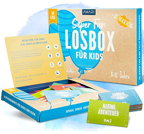 Amari ® Losbox für Kinder - Das Geschenk Mädchen und Jungen - 50 Lose mit Ideen für Spiel und Spaß, Geschenkidee für Mädchen und Junge - Überraschung zum Geburtstag, Ostern