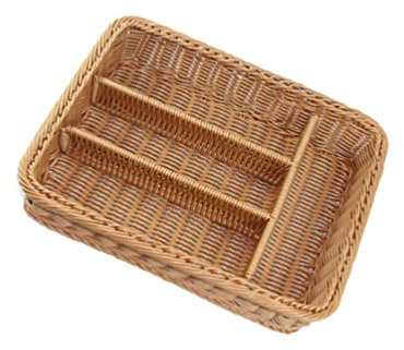 Kichvoe 4-Compartment Cutlery Storage Basket - Chocolate Imitation Rattan Organizer for Kitchen/Bathroom/Vanity, PP Woven Mesh Tray with Anti-Slip & Non-Mildew Design (36x25x7.5cm)