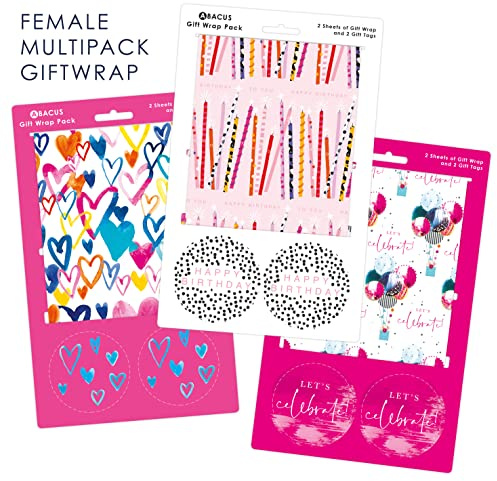 Abacus Cards AMZ04A Lot de 6 feuilles de papier cadeau recyclables pliées et 6 étiquettes pour femme