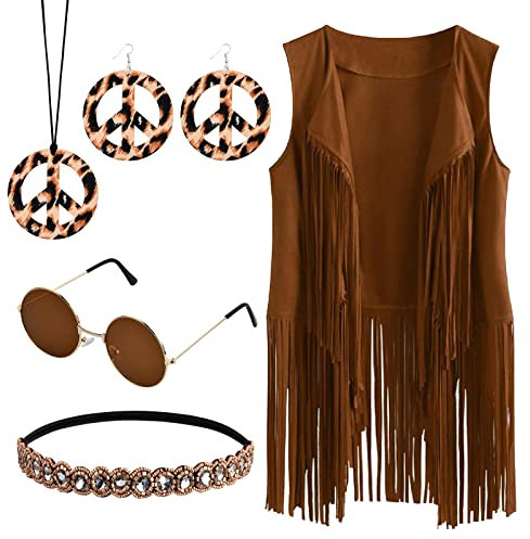 Vesaneae Hippie Kleidung Damen, Hippie Kostüm Set, Damen Disco Outfit, Braun Fransenweste Damen, 70er Hippie Accessoires, Hippy Party Outfi, Hippie Bolero Karneval Faschingskostüme