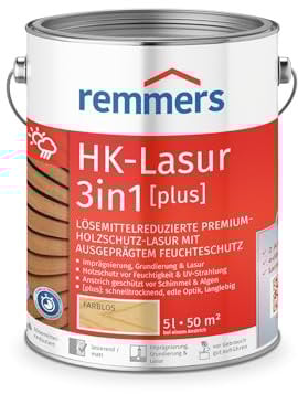 Remmers Vernice trasparente Acqua HK 3in1 incolore, 5 litri, vernice per legno, per recinzioni, copertura per auto, casette da giardino, impregnante + fondo + finitura in uno