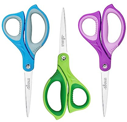 LIVINGO Schere für die Schule – Scharfe spitze Klinge, Allzweck-Schere für Schüler, Lehrer, Bastelprojekte, Mittel- und Oberstufe, College, Büro, Zuhause, für Rechts- und Linkshänder, Blau, Grün, Lila