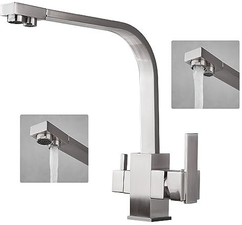 KEOKBON Küchenarmatur 3 Wege Wasserhahn, Mischbatterie Küche 360° Drehbar, Tinkwasserhahn und Küchenmischer zum Warmes/Kaltes/Gereinigtes Wasser, 3 Schlauches (2 x G3/8, 1 x G1/2), Messing