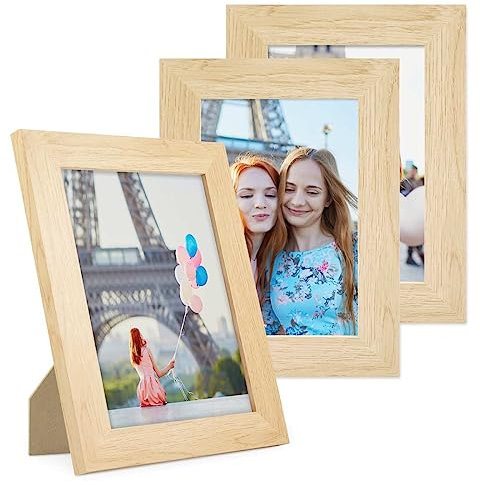 PHOTOLINI Bilderrahmen 10x15 cm MDF-Holz Natur, breite Rahmen, 3er Set, modern, bruchsicheres Acrylglas, zum Aufhängen & Aufstellen, extra Zubehör - für Ihre stilvolle Wanddekoration