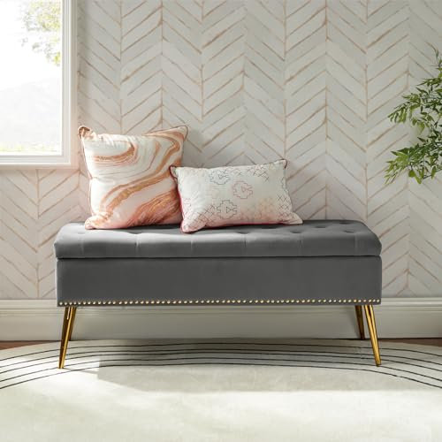 HULALA HOME Modern Velvet Storage Bench Box Ottoman with Gold Base & Nailhead Trim, Upholstered Bedroom Bench for End of Bed, Button-Tufted Footstool for Entryway Living Room Dining Room, Grey