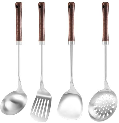 Yoiimiya 4 Wok Spatula and Ladle, Skimmer Ladle Tool Set, 17Inches Stainless Steel Wok Spatula