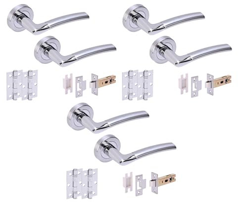 HANDLEZONE® 3 Sets Neemo Internal Door Handles on Rose Lever Latch Packs with Ball Bearing Hinges - Dual Finish Polished/Satin Chrome