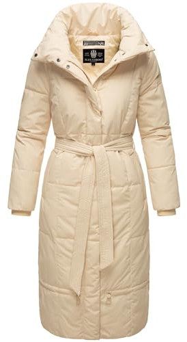 Navahoo Damen Wintermantel Warmer Steppmantel extralang mit Gürtel Mirenaa Cream Gr. L