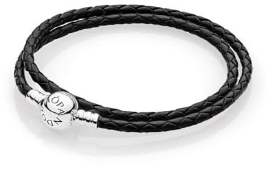 PANDORA Moments doppeltes schwarzes Lederarmband mit Kugelverschluss aus Sterling Silber, Kompatibel Moments, Größe: 47 cm, 590745CBK-D5