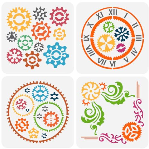 FINGERINSPIRE 4 Stück Zahnräder Uhr Schablone 15x15 cm Wiederverwendbare Steampunk Zahnrad Rand Malvorlage DIY Kunst Zahnrad Muster DIY Schablone Zum Malen Auf Holz Wand Stoff Papier Möbeln