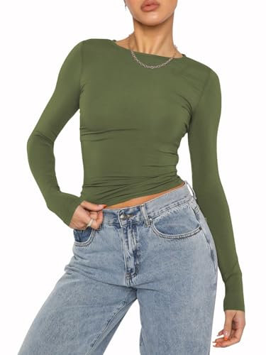 OYIGELZ Damen Langarmshirt Rundhals Slim Fit Y2K Oberteile Basic Crop Tops Casual Streetwear t Shirt(Armeegrün-06,M)