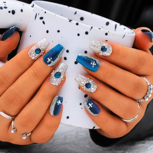 Sethexy Blue Handmade Press On Nails Medium Coffin Acrylic False Nails with Design Silver Glitter Fake Nails Glossy Salon Nail for Women and Girls 10PCS (Blue3)