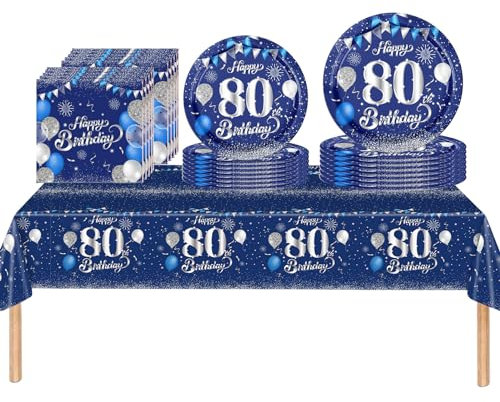 53Pcs Reusable Navy Blue and Sliver Happy 80th Birthday Party Tableware Set,Biodegradable Paper Plates Napkins Table Cloth Reusable 80th Birthday Table Decorations Tableware Kit for Man Men
