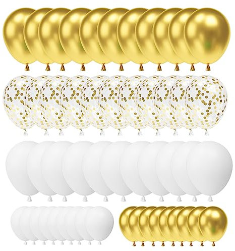 70 Stück Luftballons Gold Weiß, Luftballons Gold Metallic Weiß, Golden Metallic Ballons, Latex Ballons Weiß Gold Konfetti für Geburtstag Hochzeit Babyparty Luftballons Girlande Deko