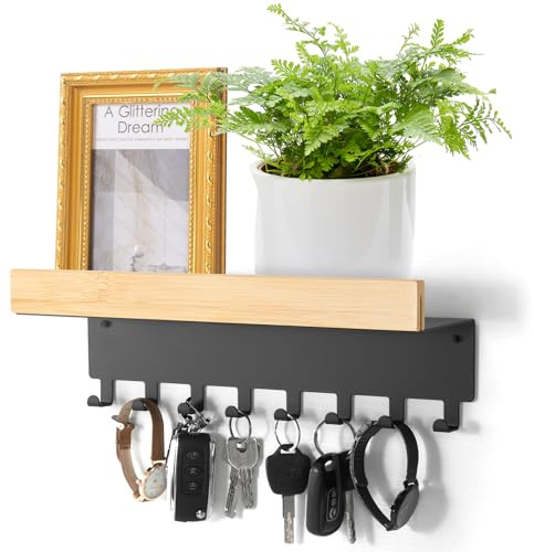 ZUIMENG Schlüsselbrett mit Ablage, Schlüsselablage aus Holz Bambus und Edelstahl mit 8 Schlüsselhaken, Schlüsselhalter Wand Schlüsselboard für Eingangsbereich, Flur, Küche (Schwarz, 32cm)