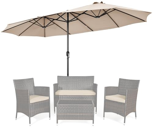 KOMFOTTEU Sombrilla Doble de 470 x 280 cm de Jardín, Parasol Grande con Manivela y 12 Varillas, Sombrilla Rectangular con Protección UV para Terreza, Mercado, Piscina, Patio, sin Base (Beige)