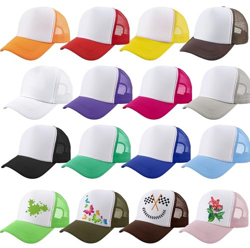 SGBETTER 16 Stück Erwachsene Sublimation Trucker Hüte DIY Blank Baseball Cap Sommer Trucker Caps Bulk, Farbset 1, 60 EU