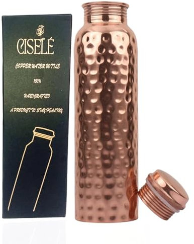 CISELÉ Copper Water bottle, Handcrafted Pure Copper Vessel with leak proof lid, keeps water fresh & cool. Suitable for use as water bottle for Gym, Tavel, Office & Outdoor activities.