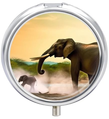 Afrika Elefant Pillendose Reise-Pillendose mit 3 Fächern, täglicher, runder Medikamentenbehälter mit Spiegel, wöchentlicher tragbarer Pillenspender für Geldbörse
