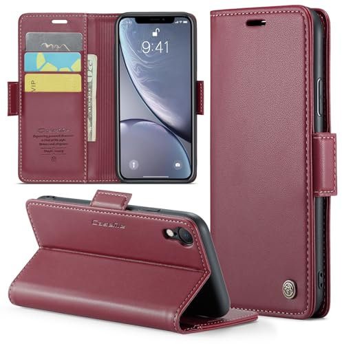 Rerzoiro for iPhone XR Case, Premium PU Leather Wallet Case Flip Cover with [RFID Blocking][Card Holder][Stand Function] Shockproof Protective for Apple iPhone XR, Red