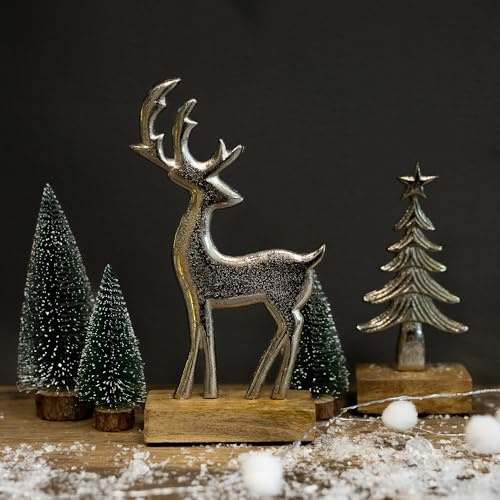 Holz und Metall Figur Rentier Silber 12 x 22cm Dekofigur Wald-Deko Weihnachts Tisch Dekoration Weihnachten