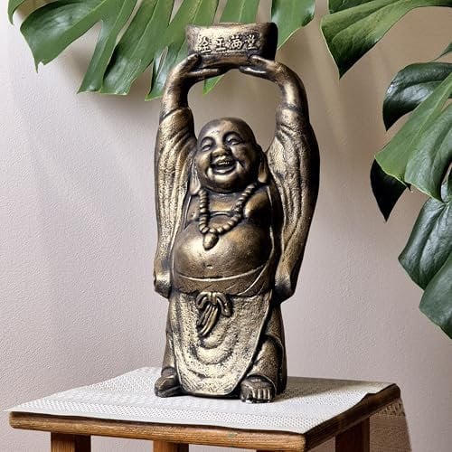 FABRIQ Glücklicher Groß Buddha Figur 41 cm – Wetterfeste, Gartendekoration und Innenskulptur (Gold/Grau) – Glücksbringer für Zuhause, Terrasse, Balkon, Feng Shui (Gold)