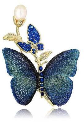 Broche papillon brodée en cristal CZ bleu pour femmes et filles - Broche exquise en forme de fleur avec perles - Épinglettes élégantes pour robe de mariage, anniversaire, cadeau de fête des mères, M,