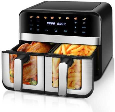 Dual Zone Air Fryer 9L with 2 Drawer, Efficient 2400W,8 Cooking Presets, Smart Touch Screen, 1-60Min Timer Function, Dishwasher Safe, Uses No Oil for for Healthy & Low-Fat Cooking