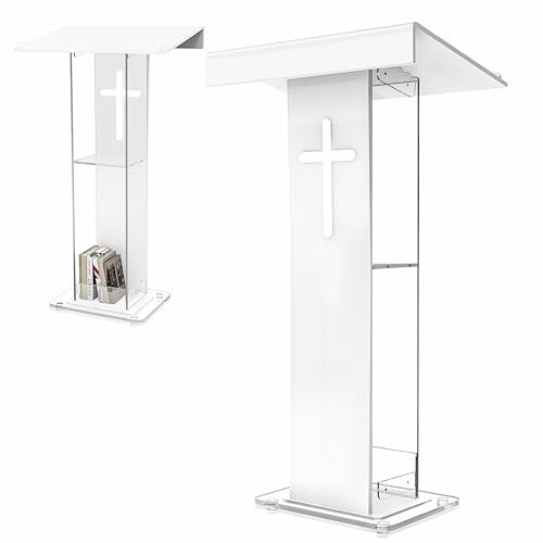 Vakiorn Kirchenpult Podium mit Kreuz Design, 115 cm Höhe, weißes Acryl, 2-Tier Lagerung, Kanzel für Kirchen Stand für Klassenzimmer, Konferenz, Hochzeit und mehr