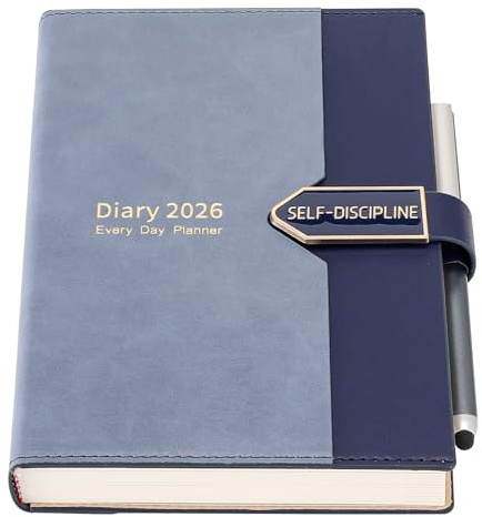 Mljtoyo A5-Tagesplaner 2026, Tag pro Seite, Hardcover-Produktivitäts-Tagesplaner, Tagebuch, Ganzjahresplaner von Januar 2026 bis Dezember 2026, mit Stift, farbige Seitenregister, Blau