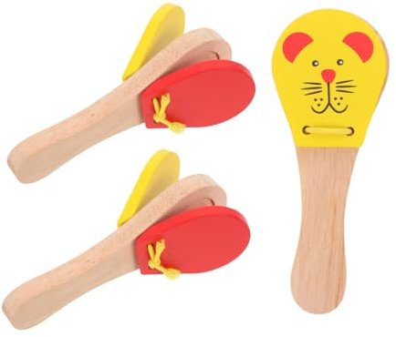 SUPVOX 3pcs Boy Girl Wooden Castanets Animal-themed Long Handle Castanet for Shaker Musical Instruments for Boys and Girls Hand Noise Maker Learning Toys