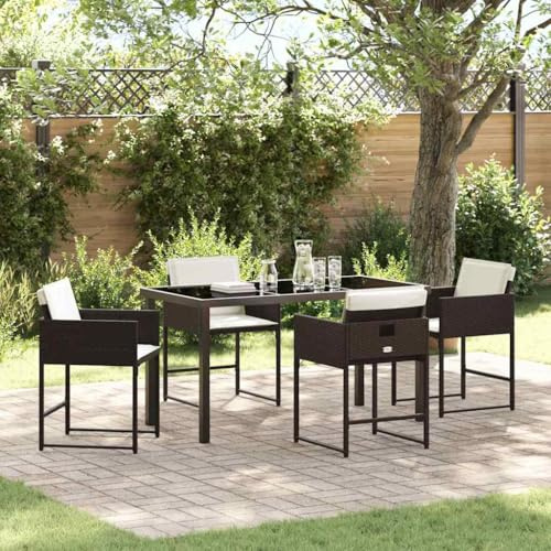 Qnhdfrt Gartenmöbel Set 5-TLG Braun Poly-Rattan Essgruppe 140x80 cm Glastisch mit 4 Stühlen Modernes Design Robust und Langlebig für Terrasse Balkon Garten