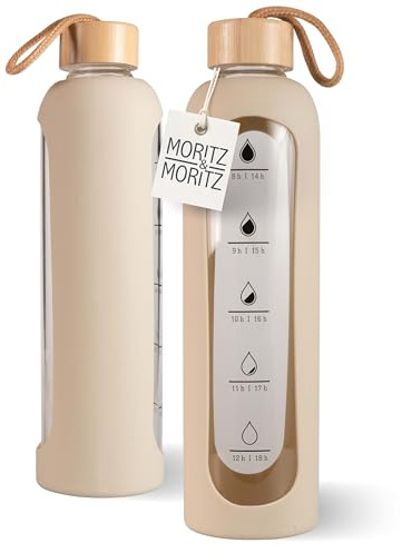 Moritz & Moritz Borraccia in vetro da 1000 ml, a prova di perdite, per sport, scuola, università o lavoro, con custodia protettiva in silicone – inclusa scala motivazionale – con coperchio in bambù