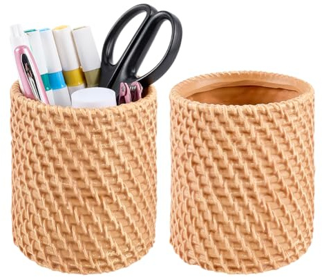 FINGERINSPIRE 2 Stück Stiftehalter Aus Kunstharz 8.85x8.05x10cm Stifteaufbewahrung Mit Geflochtenem Rattan Design Stiftebecher In Kräftigen Holzfarben Für Schreibtischorganisation Home Arbeitsplatz