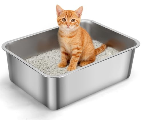 Nobleza Edelstahl Katzenklo 45x35x15cm - Kompakte Katzentoilette mit Anti-Rutsch Gummiboden, Hop-in Katzen Klo Ohne Deckel, Niemals Gerüche, Fleckfrei, Rostfrei, Antihaft Glatte Oberfläche