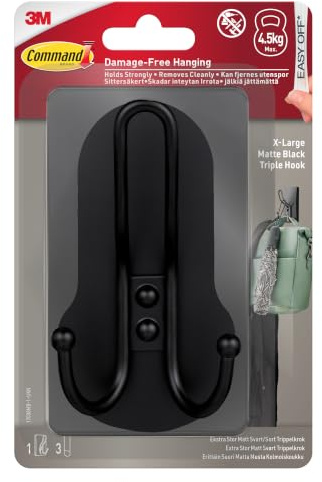 Command XL Triple Hook, Matte Black, Indoor use, 1 Hook, 3 Adhesive Strips | Damage-Free Hanging for Jackets, Purses, Handbags, Backpacks, Dog Leads, Holds up to 4.5 kg, No Tools, No Drilling