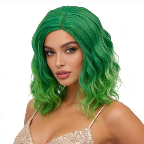 Aicos Kurze lockige grüne Bob-Perücke, 35 cm, modisch, hitzebeständig, Anime-Cosplay-Perücke für tägliches Kleid, Karnevalsparty, Maskerade – kostenlose Perückenkappe im Lieferumfang enthalten