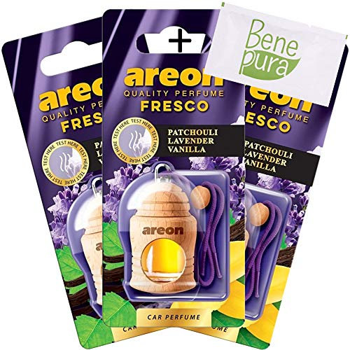 AREON Auto Lufterfrischer Parfüm Fresko 4 ml - Patchouli, Lavendel, Vanille-Duft - Hängende Flasche Diffusor mit Echtholzdeckel, langlebig, Set von 3