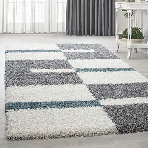 HomebyHome Shaggy Teppich Wohnzimmer 240 x 340 cm - Hochflor Teppich Türkis, Grau und Weiss Extra Weich und Flauschig - Bettvorleger Teppich für Schlafzimmer, Küchenläufer - Carpet, Halı, Kilim