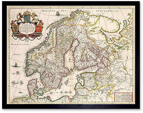Wee Blue Coo Map Antique Scandinavia Norway Sweden Finland Art Print Framed Poster Wall Decor Kunstdruck Poster Wand-Dekor-12X16 Zoll