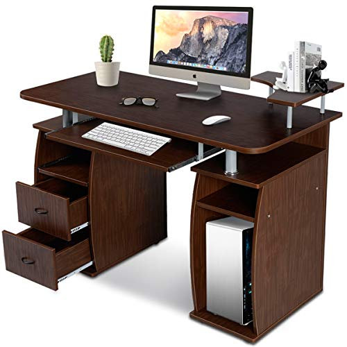 GOPLUS Bureau Informatique, Bureau d'angle avec Tablette Imprimante, Table d'ordinateur avec de Nombreux rangements et Tablette à Clavier Coulissant 120 x 55 x 85CM (Noyer)