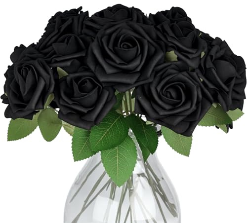 JOHOUSE 30 rose nere, rose finte a stelo singolo, fiori finti per bouquet di nozze fai da te, decorazioni per feste di Halloween, bomboniere, decorazioni per la casa, 3 dimensioni con 2 foglie