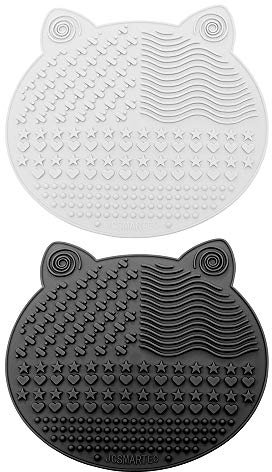 Lot de 2 tapis de nettoyage pour pinceaux de maquillage, motif chat mignon, en silicone, portable, avec ventouses (noir + blanc)