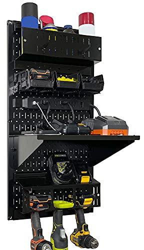 Wall Control Power Tool Storage Organizer Kit Cordless Drill Holder Charging Station Rack 16” x 32” Metal Pegboard Organization System (Black Pegboard)